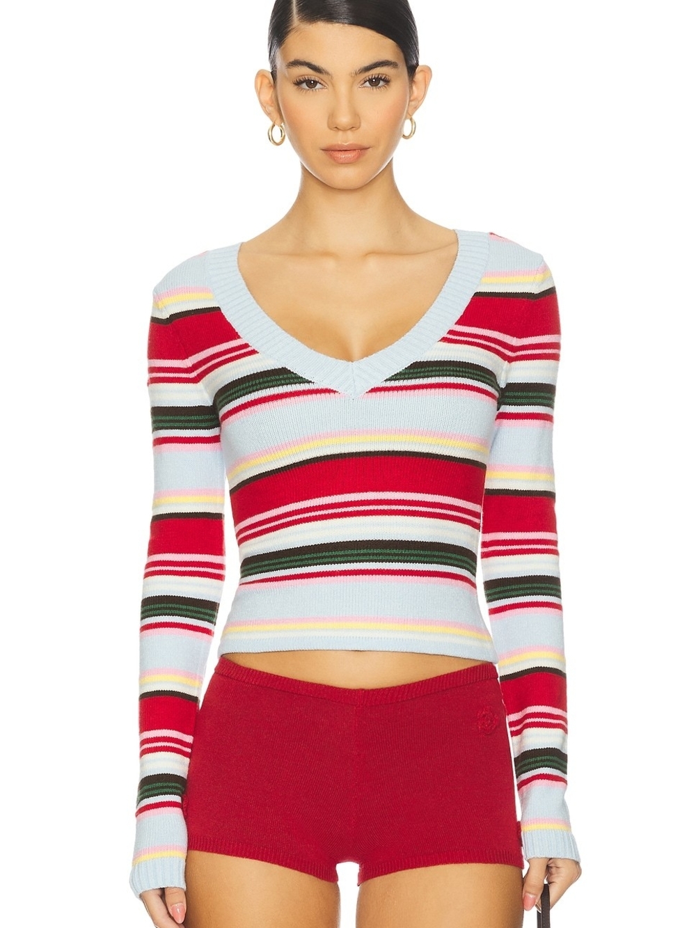 Frankie's Bikinis Pastel Striped V-Neck Knit Top